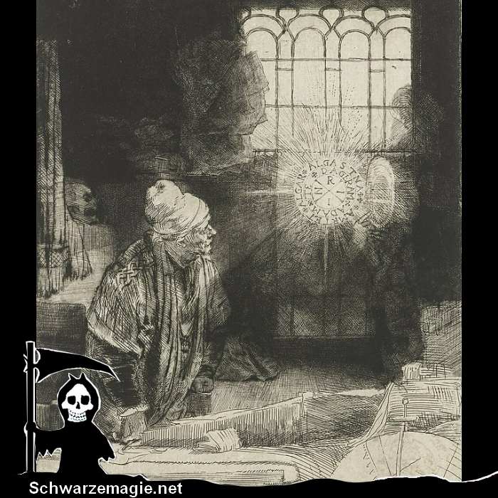 Magische Beschwörung (Radierung von Rembrandt, ca. 1652).