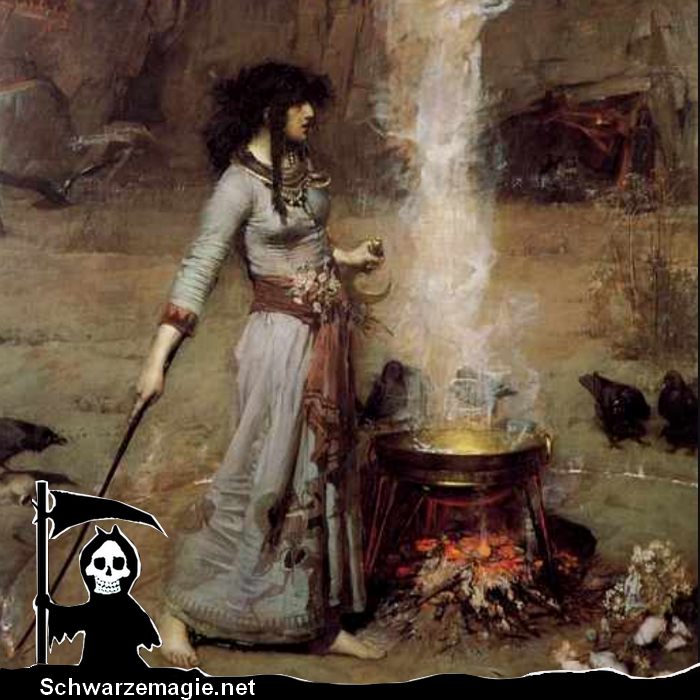 Das Gemälde zeigt eine Hexe, die einen Schutzkreis in die Erde zeichnet, um sich bei einem Ritual vor bösen Geistern zu schützen. (John William Waterhouse, 1886).