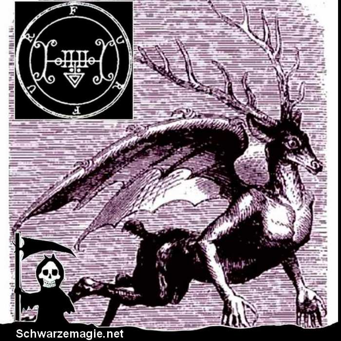 Der Dämon Furfur und das Siegel, welches du für seine Beschwörung brauchst (oben links). Die Sigille sind das bildliche Äquivalent zum wahren Namen der Dämonen. Sehr viele dieser geheimen Zeichen findest du in den Satanshimmel Magie-Büchern.