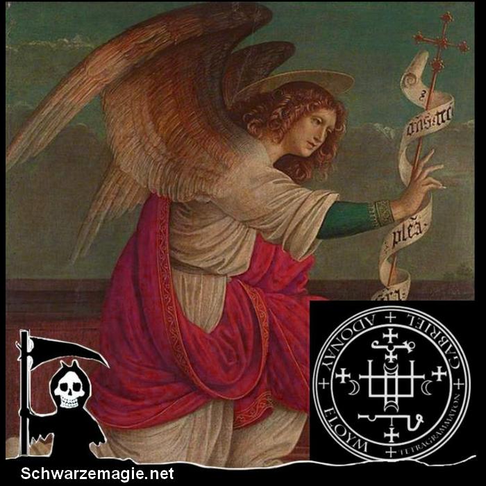 Der Erzengel Garbriel (Gaudenzio Ferrari, zwischen 1506 und 1510) ist in der Hierarchie der Engel ähnlich hoch angesiedelt wie der Engel Metatron. Unten rechts ist sein geheimes Siegel. Diese Zeichen tauchen alten Magie-Büchern auf. Die Satanshimmel Magie-Bücher enthalten viele davon.