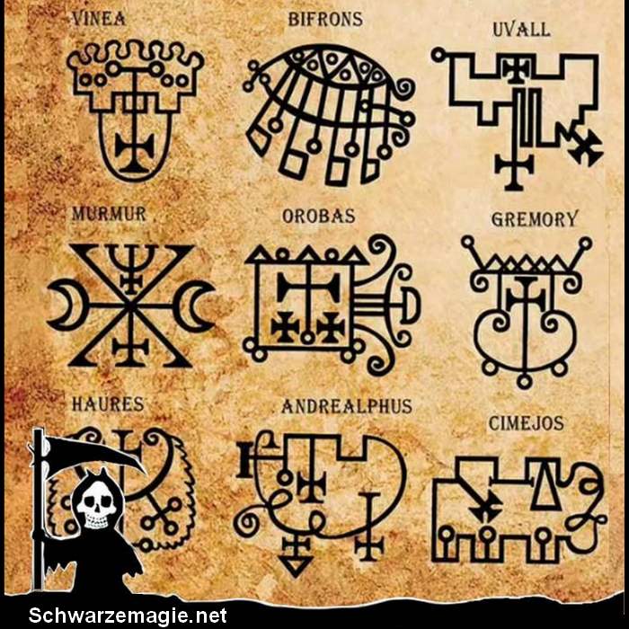 Alte Siegel der Dämonen aus der Goetia. Diese mathematischen, geometrischen Zeichen (Siegel, Charaktere, Signaturen) sind für die Beschwörung der Geister notwendig. Viele dieser Zeichen enthalten die Satanshimmel Magie-Bücher.