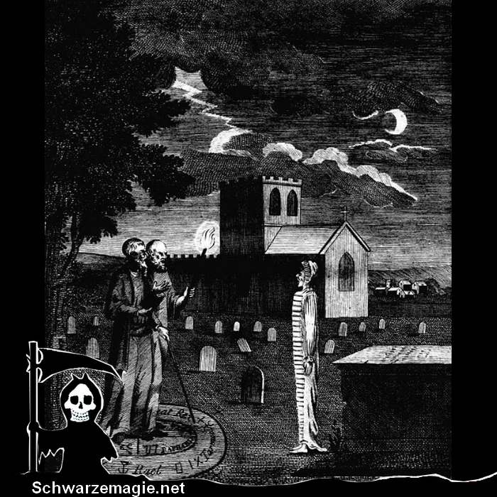 Der Magier John Dee und sein Gehilfe Edward Kelley beschwören einen Geist auf dem Friedhof (1806).