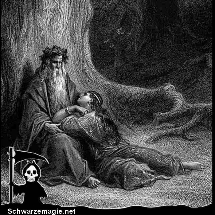 Merlin, der bekannteste Zauberer des westlichen Kulturkreises und die Fee Vivien, Illustration von Gustave Doré. Sogar Merlin besaß einen magischen Spiegel, auch wenn er mit seinem nur in die Zukunft blicken konnte.