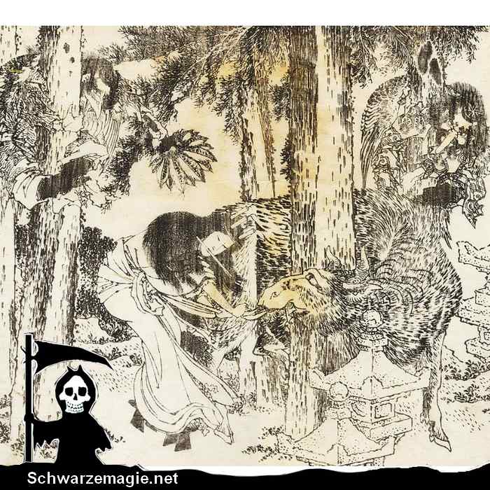 Eine Frau führt ein Schadenzauber-Ritual durch (Katsushika Hokusai  (1760–1849).
