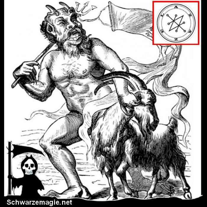 Der Dämon Azazel (Doré, Dictionnaire infernal, 1863) und sein Siegel für die Beschwörung oben rechts. Siegel sind geheime Zeichen, man findet sie in alten Magie-Büchern. Die Satanshimmel Magie-Bücher enthalten viele dieser alten Zeichen.