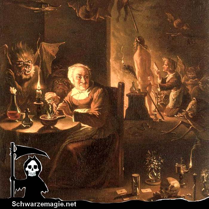 Vorbereitung auf den Hexensabbat (David Teniers). Man sieht eine Hexe, die einen Trank braut, zusammen mit ihrem vertrauten Geist oder einem Dämon; Gegenstände auf dem Boden, um einen Zauber zu wirken; und eine andere Hexe, die in einem Magie-Buch liest.