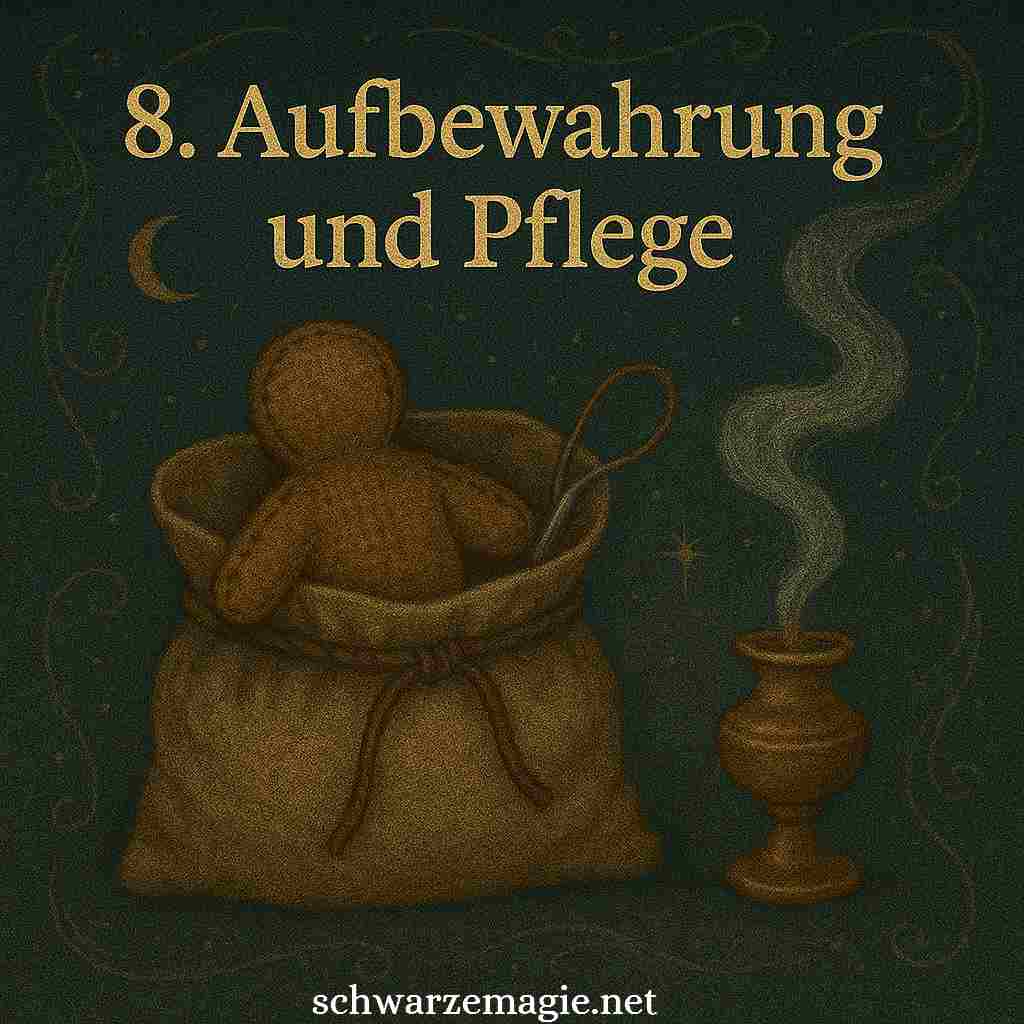 Bewahre deine Voodoo-Puppe an einem geschützten, ruhigen Ort auf, um ihre Energie zu bewahren und sie vor äußeren Einflüssen zu schützen.
